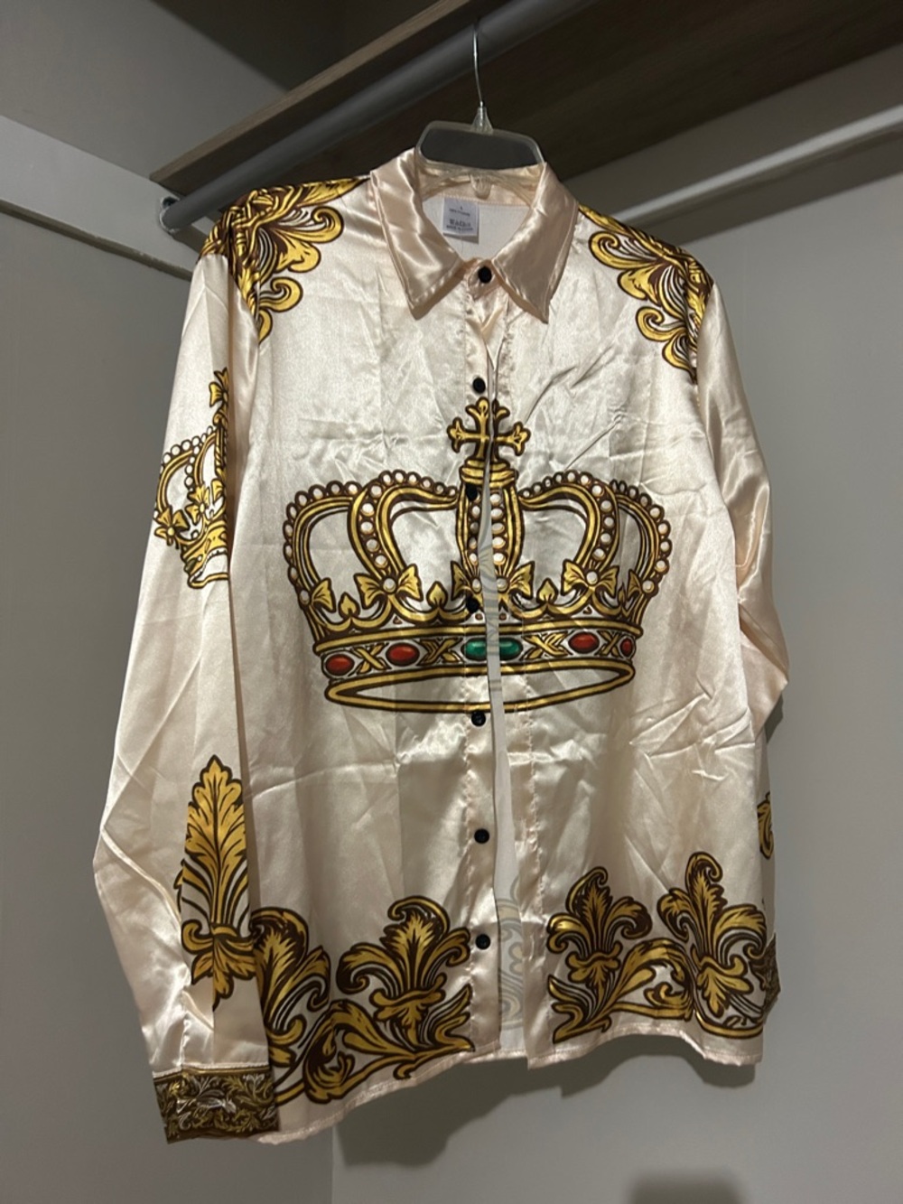Silk-Feel Cream Crown Print Button-Down Shirt